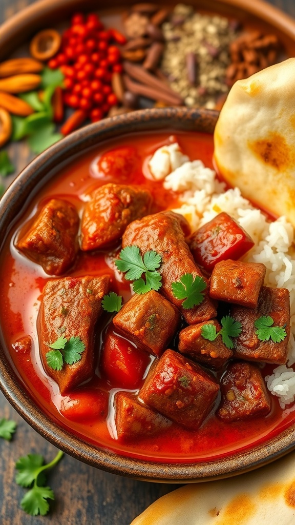 A bowl of spicy beef curry with garnished cilantro, served with rice and naan.